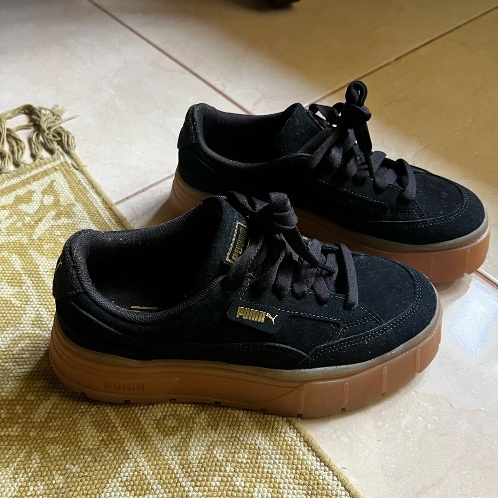 Puma Black Suede Platform Sneakers with Gum Soles